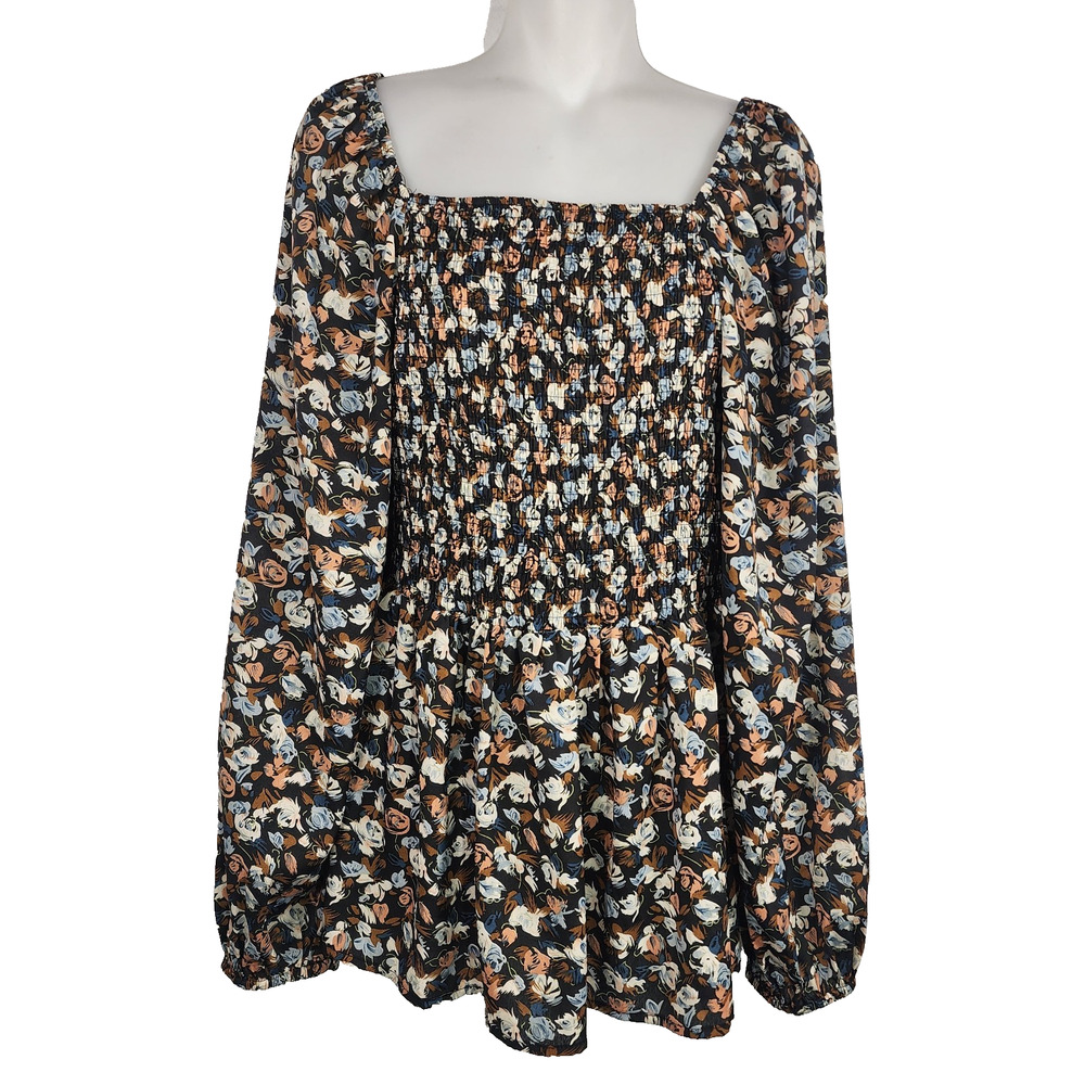Hayden Los Angeles Square Neck Smocked Peplum Top Floral Long Sleeve Milkmaid M